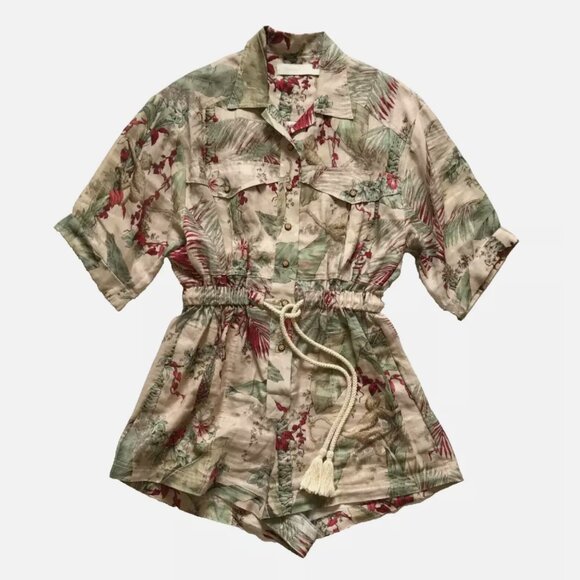Zimmermann Aliane Floral Romper Womens 1 Small Green Short Sleeve Linen Belted - Picture 13 of 13